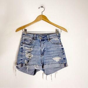 American Eagle Mom Shorts Crossover Button Distressed Denim Size 00